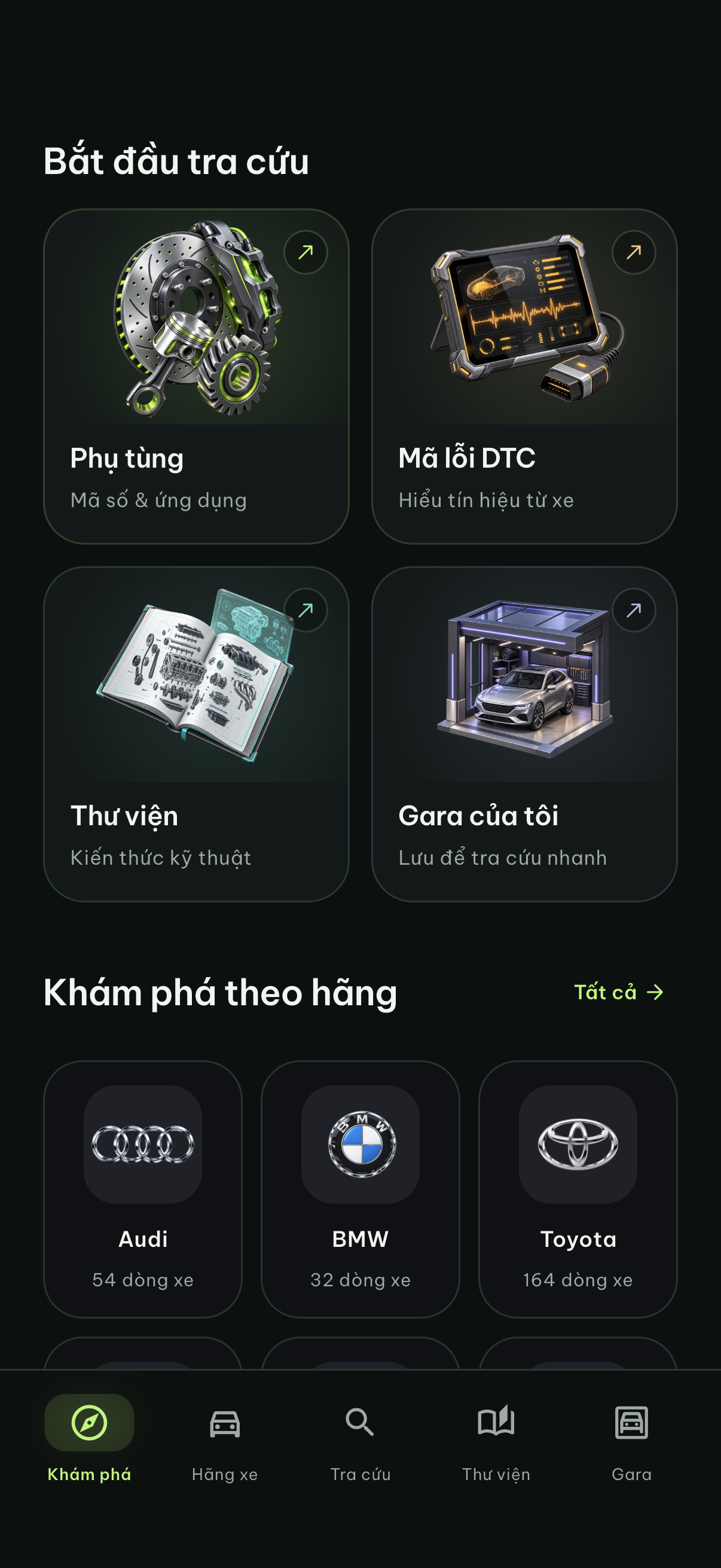 Ảnh chụp màn hình Khám phá của app T2Car: phụ tùng, mã lỗi DTC, thư viện và gara